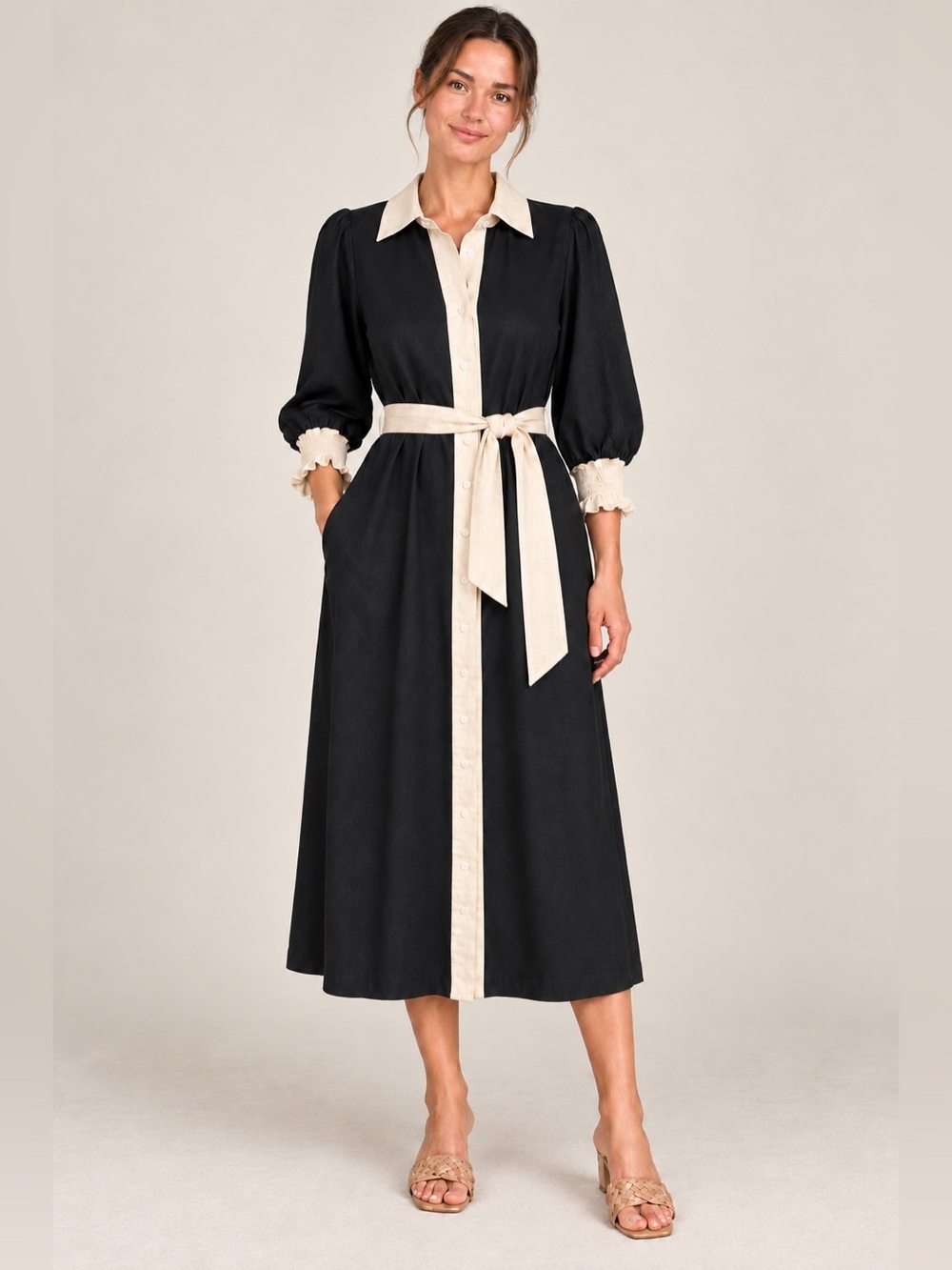 Linen Blend Belted Shirt Dress Midi Black Cream 2XL Sadie & Sun